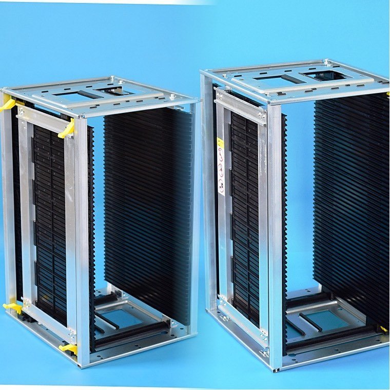 Two aluminium-frame ESD PCB magazine racks with black slot strips