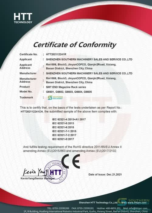 CE Certificate of Conformity for the SMT ESD magazine rack series