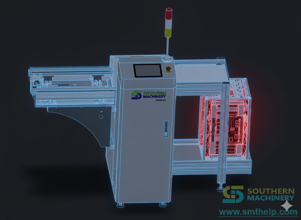 SM-460 enclosed PCB magazine loader with HMI and stack light